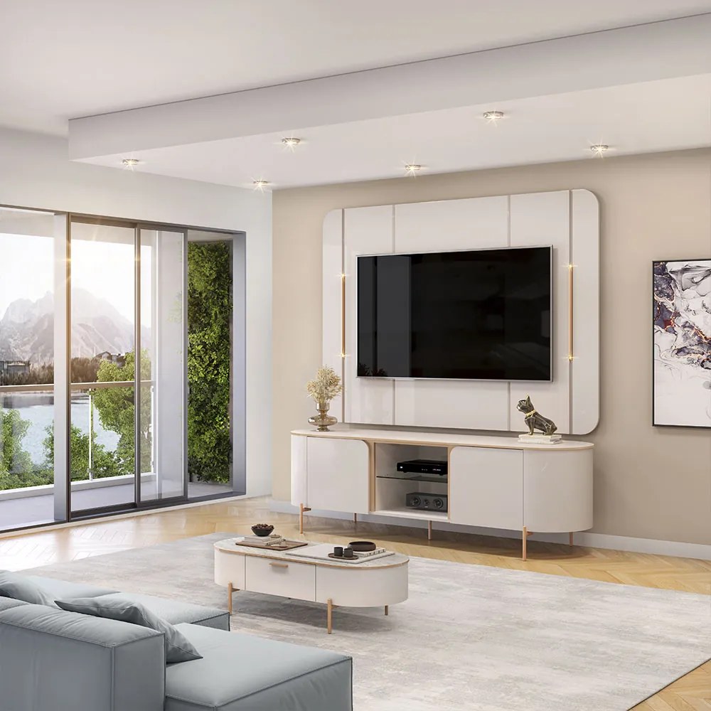Painel e Bancada TV 65" 2 Portas Deep Luminárias Douradas Pés Metálicos OffWhite G18 - Gran Belo