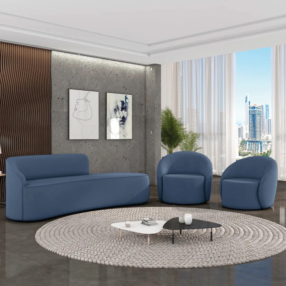 Sofá 4 Lugares Orgânico 220cm Morgan e 2 Poltronas Lua Suede D03 - D'Rossi - Azul Marinho