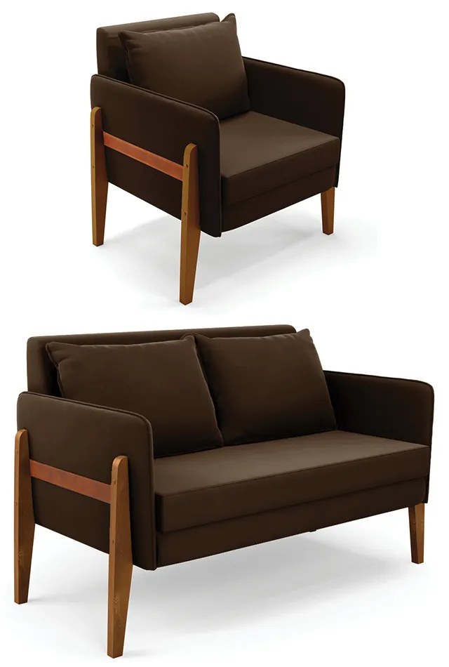 Kit 1 Sofá Namoradeira e 1 Poltrona Lana Suede Base de Madeira - D'Rossi - Marrom