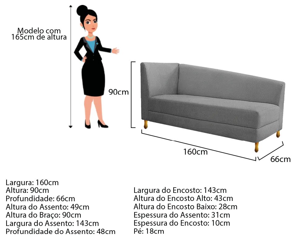 Recamier Valéria 160cm Lado Direito Suede Cinza - ADJ Decor