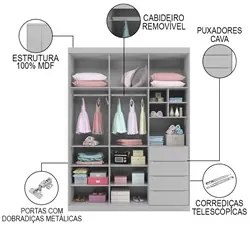 Guarda Roupa Infantil 3 Portas e 4 Gavetas Pérola Cinza - Phoenix