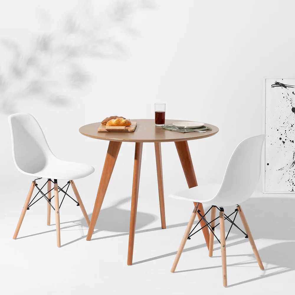 Conjunto Mesa Square Redonda Bétula 88cm + 2 Cadeiras Eiffel Branca