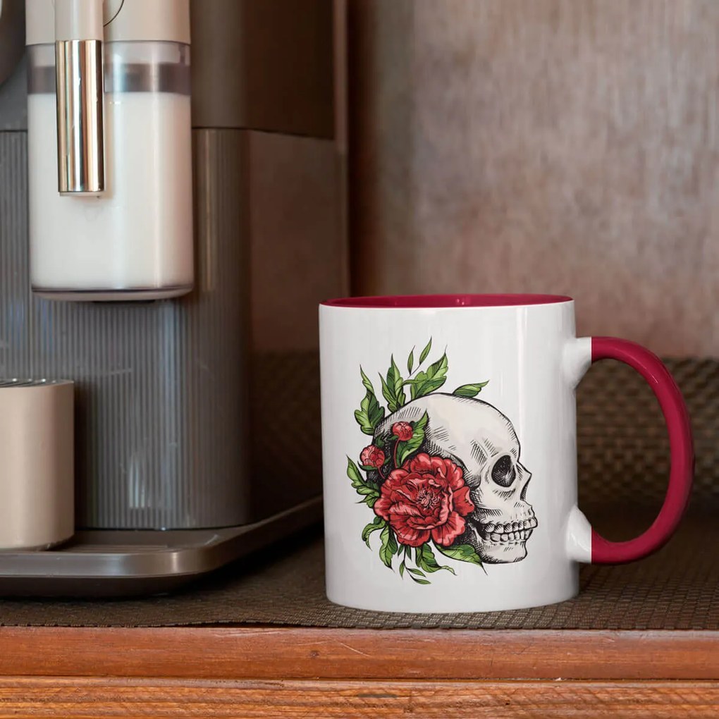 Caneca Caveira e Rosas Branca com Alça Vinho