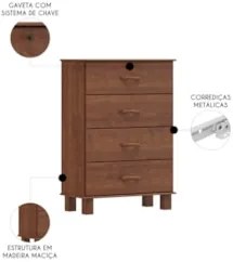 Cômoda Para Quarto 79cm 4 Gavetas Pé Madeira Renzo Imbuia F07 - Mpozen