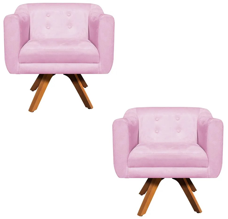 Kit 02 Poltronas Giratória Julia Suede Rosa Bebê Base Madeira MM30 D'Rossi
