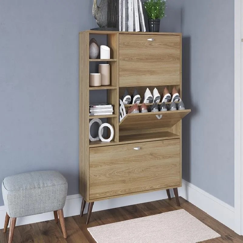 Sapateira Estante Retrô com 3 Portas e 4 Prateleiras 18 pares Oak
