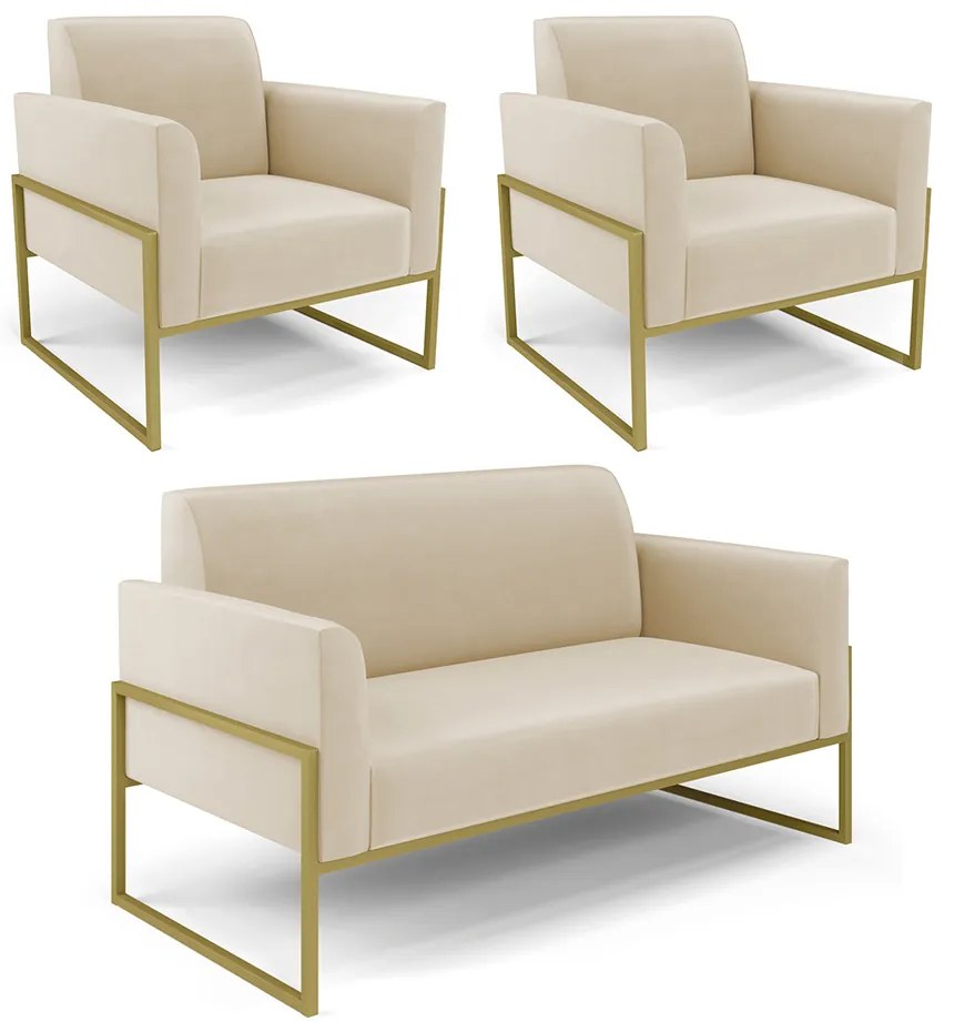 Sofá Namoradeira com 2 Poltronas Base Industrial Alta Dourado Marisa Suede D03 - D'Rossi - Bege
