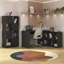 Mesa Escrivaninha em L Eron e Estante Livreiro Maly A06 Preto - Mpozen