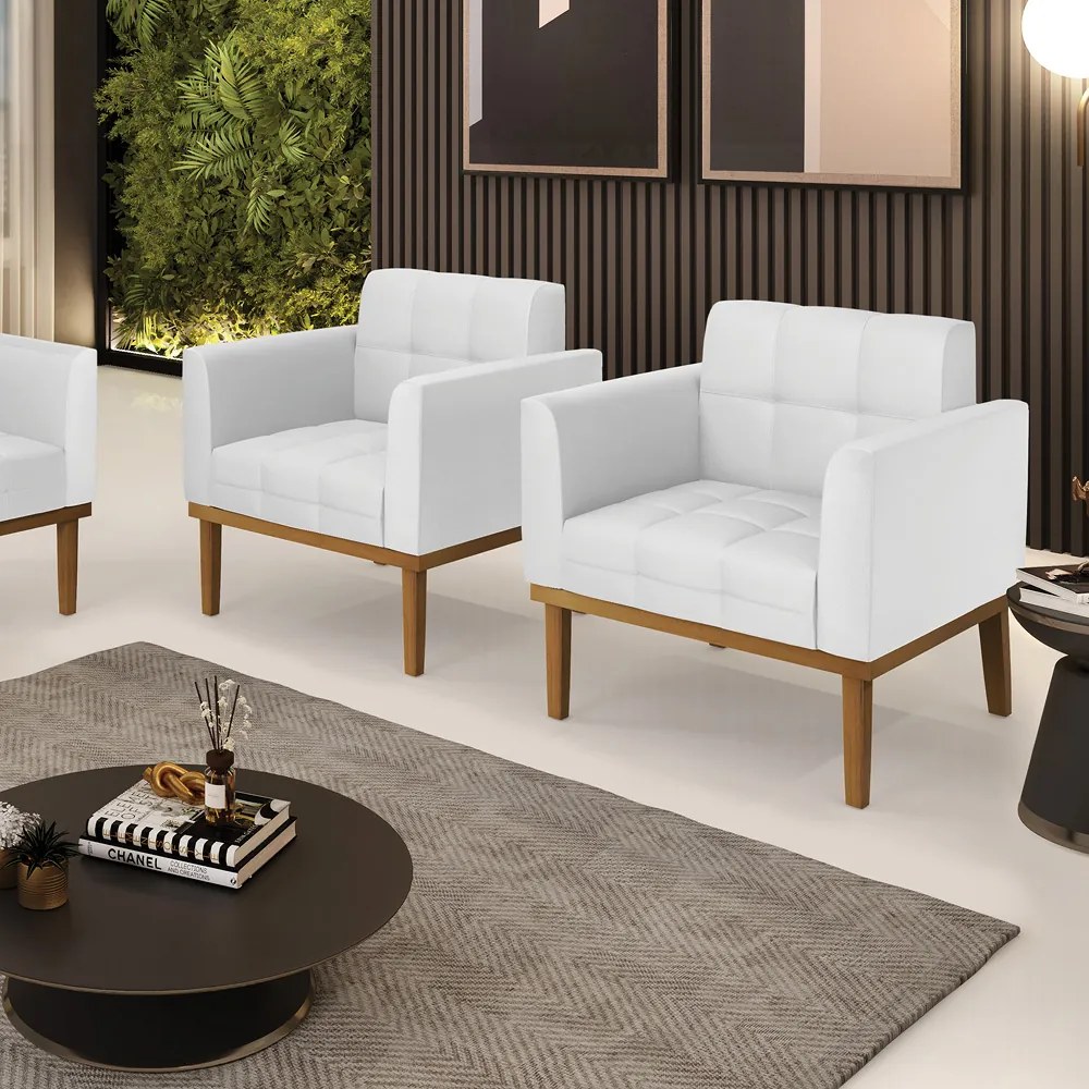 Kit 2 Poltronas Decorativas Karen Pés Fixo em Madeira Castanho PU Branco G19 - Gran Belo