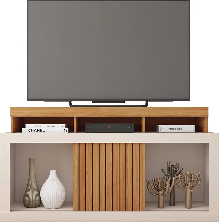 Rack Bancada Lagoa 136cm MDP Portas Ripados de Correr Freijo/OffWhite G11 - Gran Belo