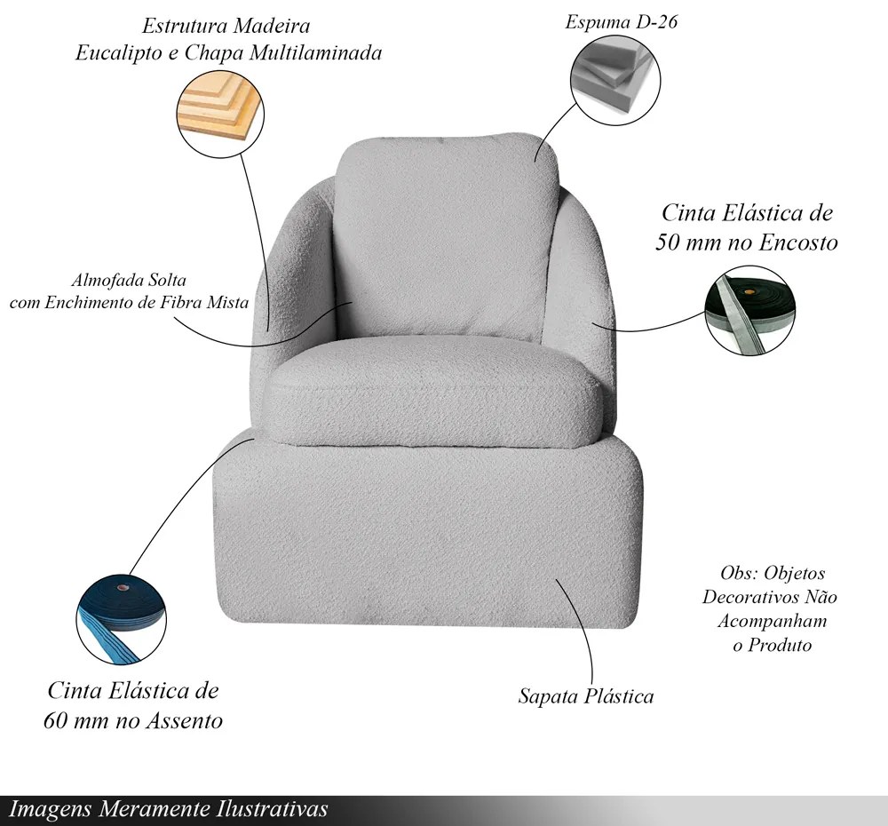 Poltrona Design  Califa Encosto Almofadado Bouclê Cinza G92 - Gran Belo