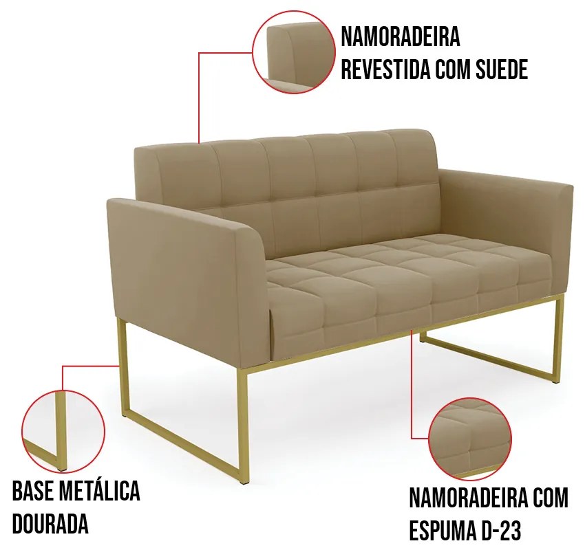 Kit 1 Sofá Namoradeira e 2 Poltronas Elisa Suede Base Metálica Industrial Dourado D03 - D'Rossi - Marrom Rato