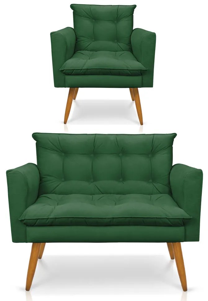 Kit 1 Sofá Namoradeira e 1 Poltrona Tais Suede Pés Palito Castanho - D'Rossi - Verde
