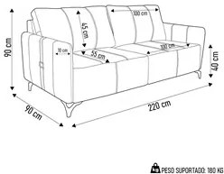 Sofá Living 3 Lugares Sala de Estar 220cm Cisso L07 Couro Marrom Claro