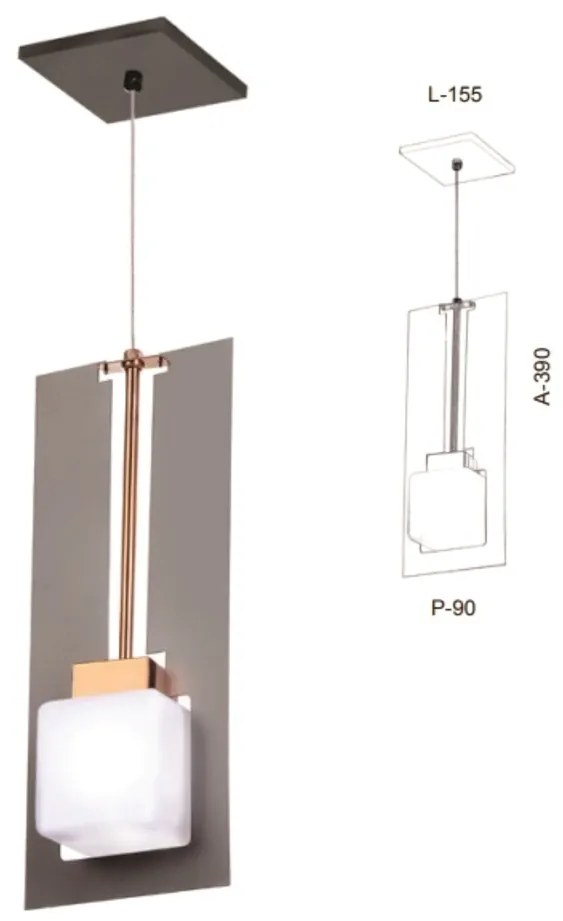Pendente Vidro Quadrado Corte Laiser 15,5X09X39Cm Metal E Cubo Vidro 0... (GRAFITE / COBRE FOSCO, FOSCO (BRANCO))