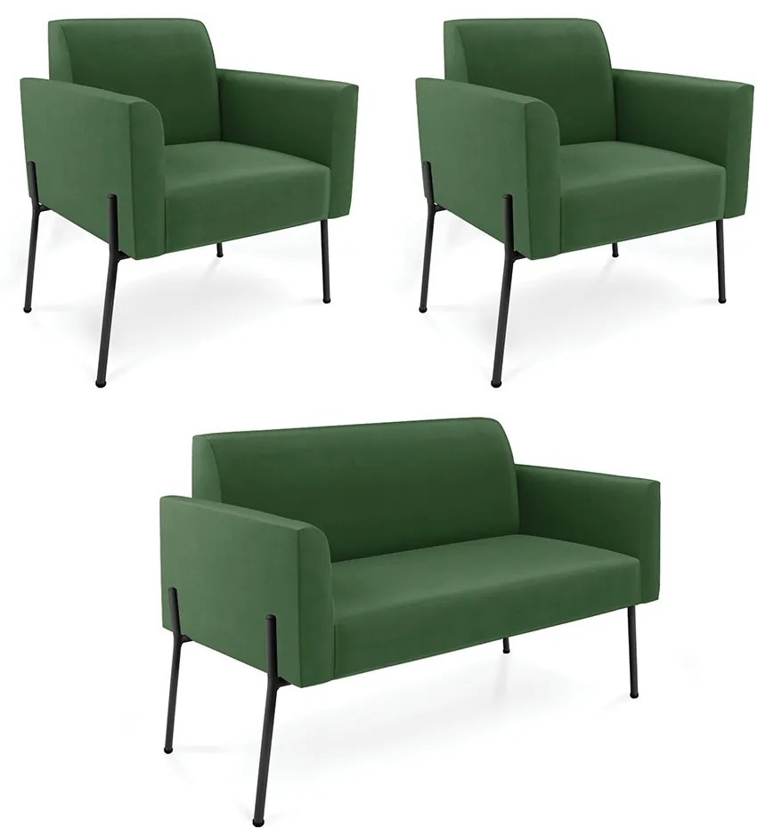 Sofá Namoradeira e 2 Poltronas Pé de Ferro Preto Marisa Suede Verde