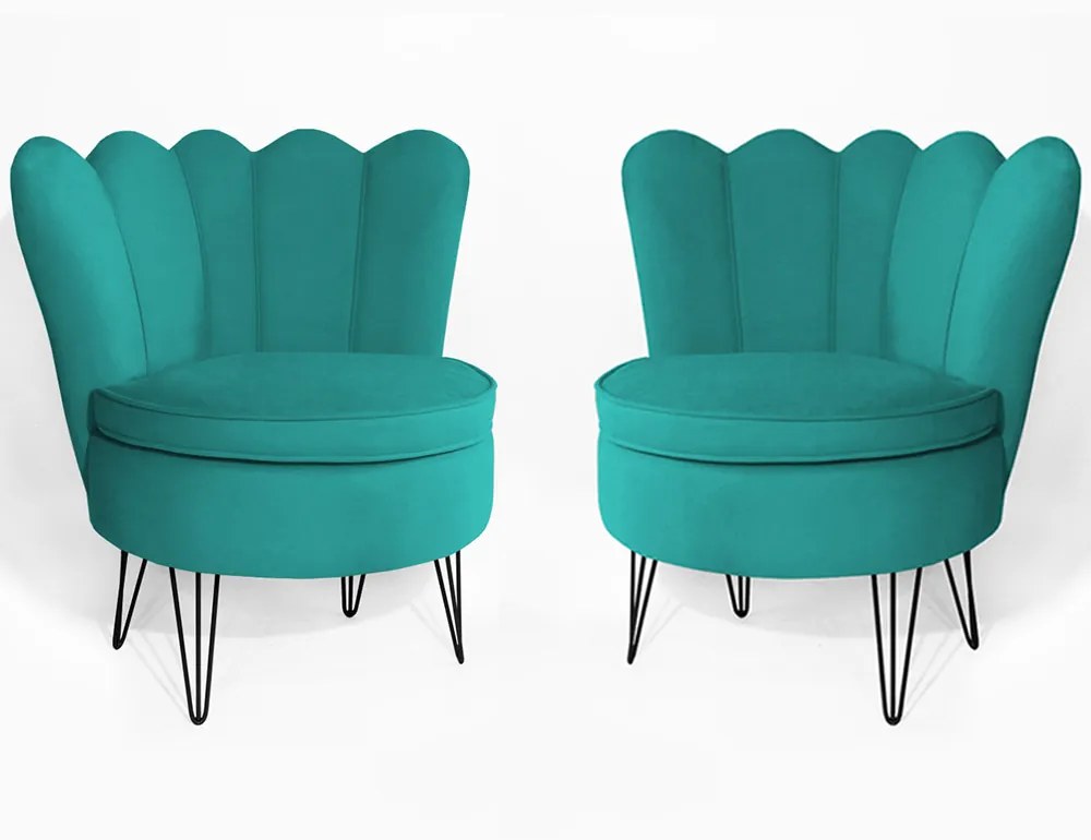 Conjunto 2 Poltrona Dália Pés Hairpin Legs Preto Veludo Azul Tiffany