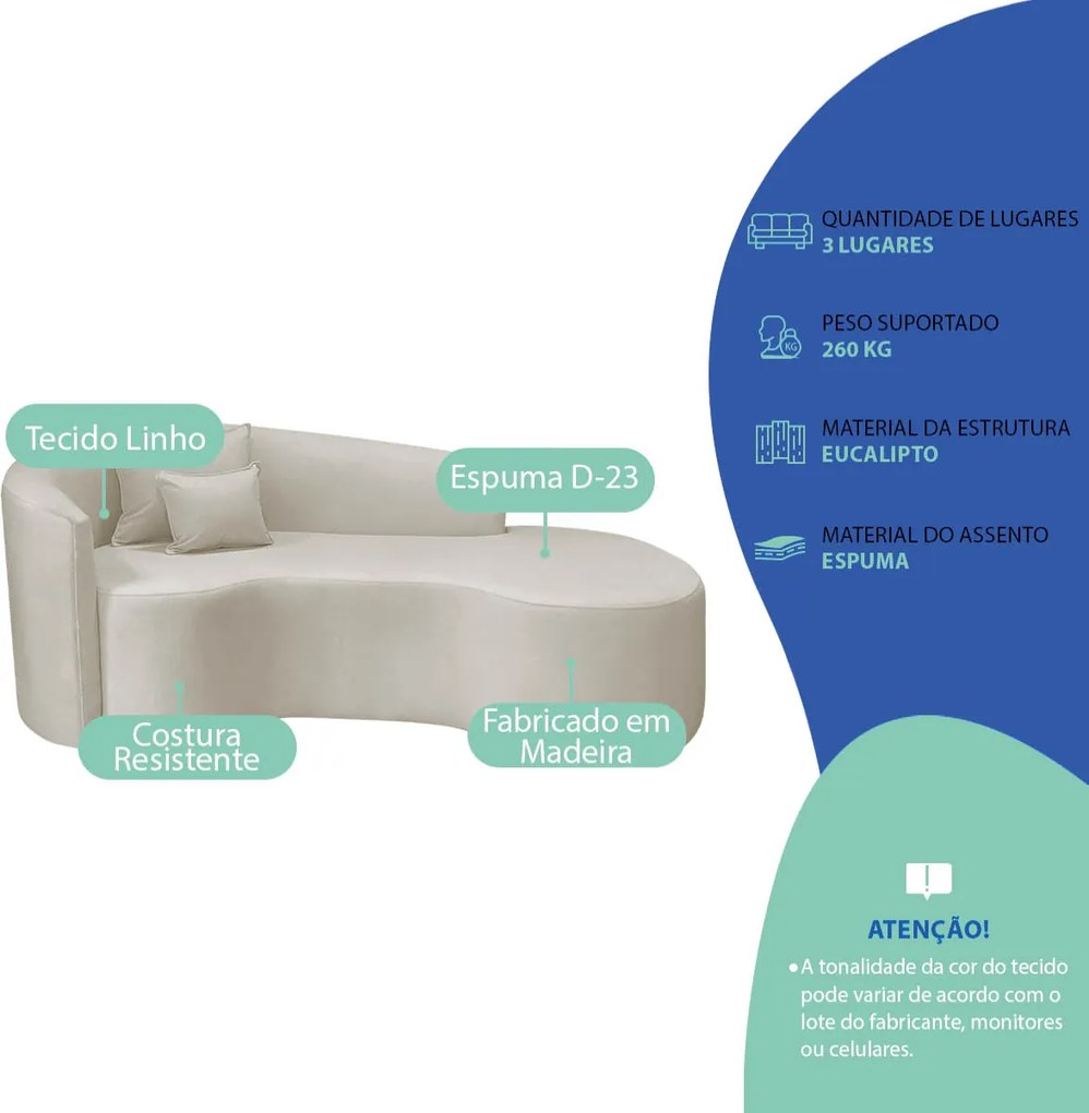 Kit Recamier Curvo Sala de Estar Inglaterra 180cm Lado Direito e 2 Poltronas Orgânica Luxo Amore Linho