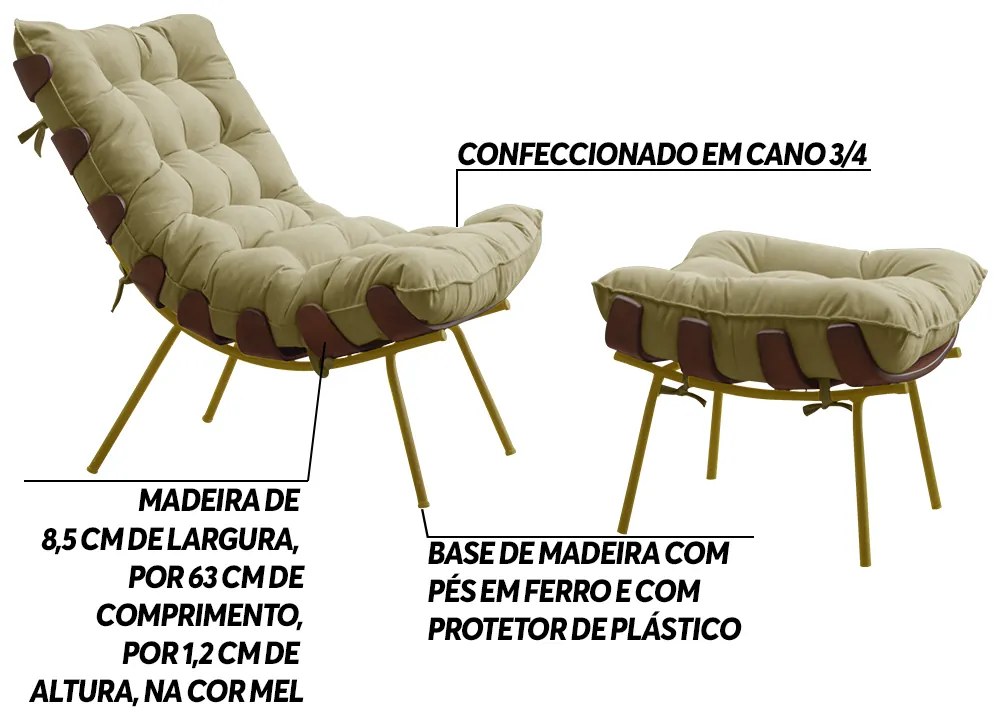 Conjunto Decorativo Poltrona e Puff Abel Base de Madeira Dourada Veludo Bege G41 - Gran Belo