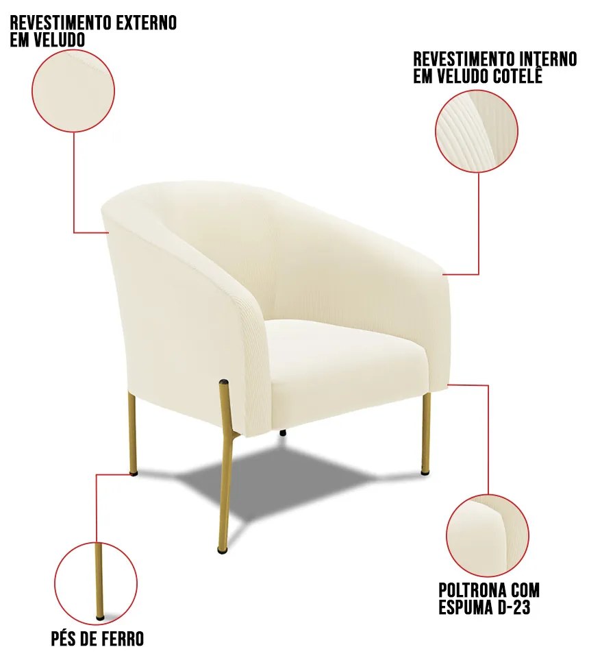Poltrona Decorativa Pé de Ferro Dourado Stella Cotelê Int/Veludo D03 - D'Rossi - Menta