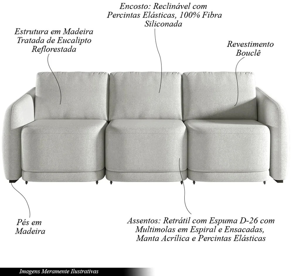 Sofá Cama Modulado Retrátil e Reclinável Decorativo Varsóvia 246cm Bouclê Cinza G33 - Gran Belo