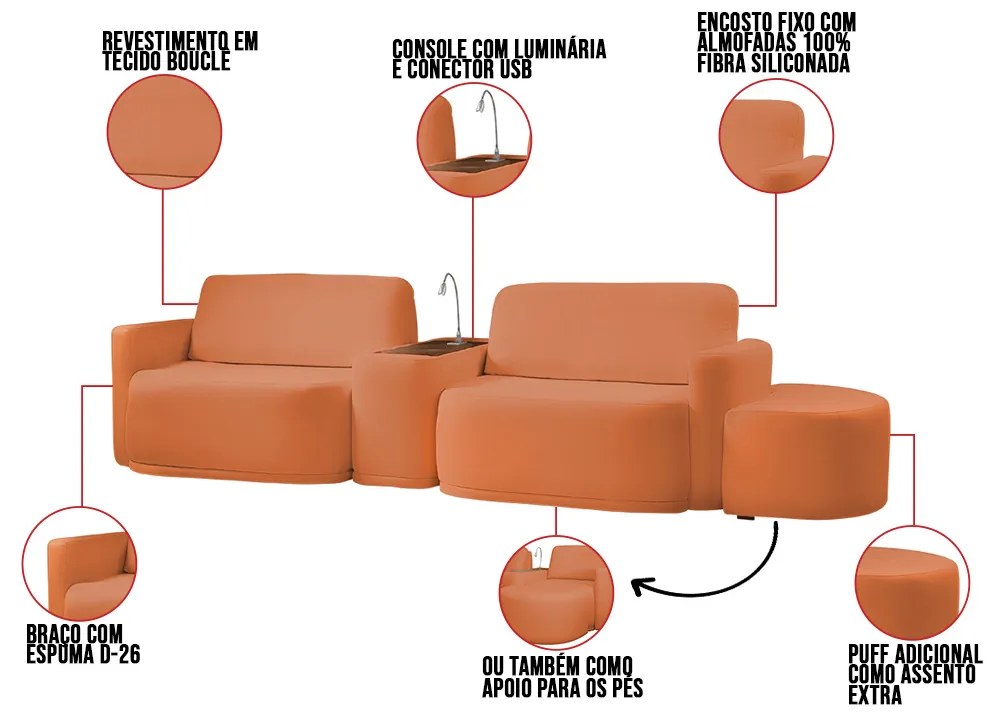 Sofá Sala Modulado 259cm com Puff Console USB Luminária Brumma Bouclê K01 - D'Rossi - Terracota