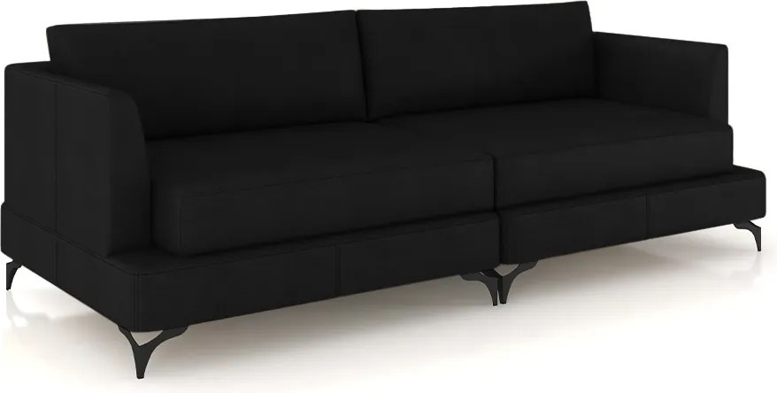 Sofá Living Bipartido 250cm Indonésia Pés de Ferro Couro Preto G52 - Gran Belo