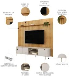 Painel TV 75 Pol Ripado 275cm e Bancada Ariane D04 Off/Cedro - Mpozena