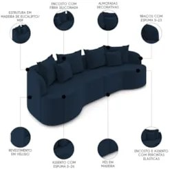 Sofá 3 Lugares 230cm Orgânico Quito Z08 Veludo Azul Marinho - Mpozenat
