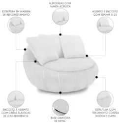 Poltrona Decorativa Redonda Giratória com Almofadas Saphire Z32 Boucle