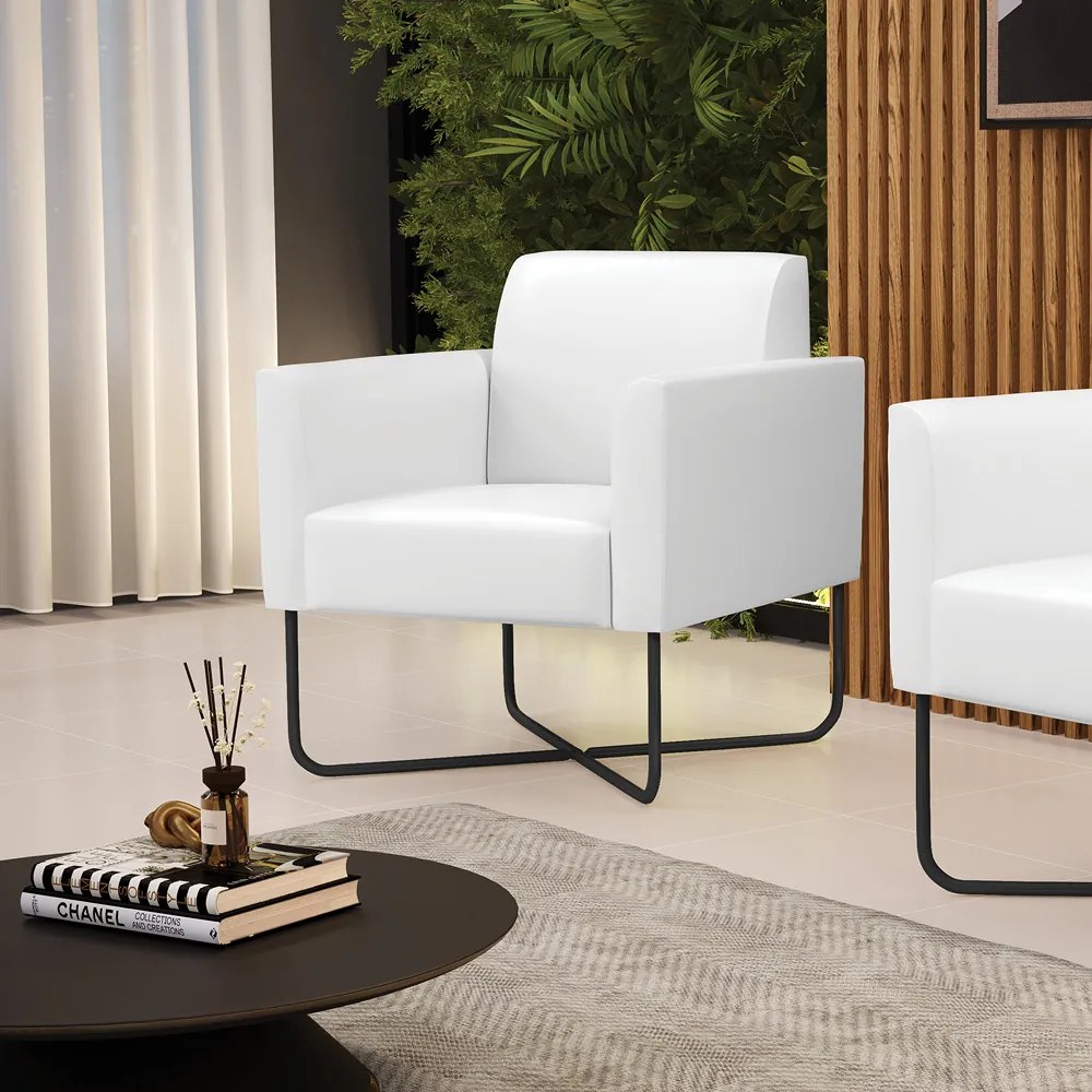 Poltrona Sala Decorativa Marisa Base Aço Industrial X Preto Sintético PU D03 - D'Rossi - Branco