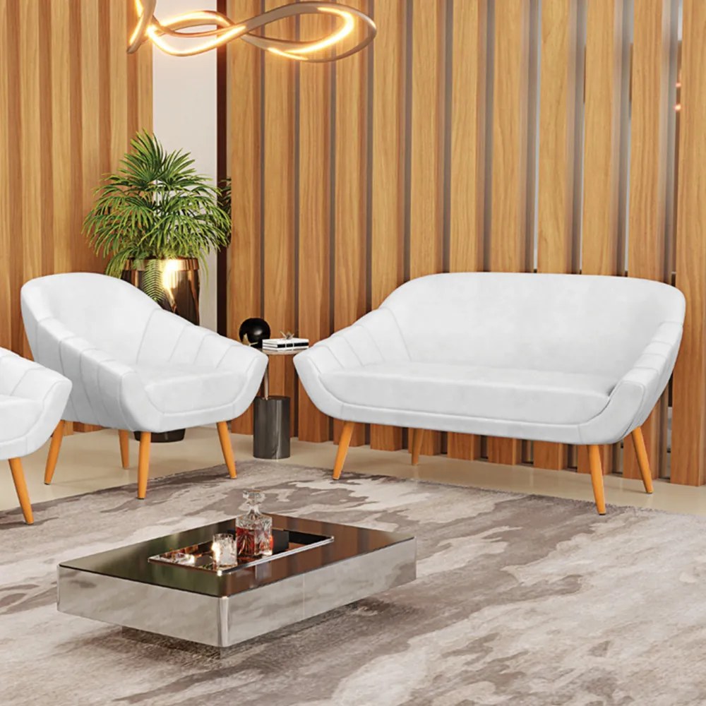 Kit 01 Namoradeira 02 Lugares e 01 Poltrona Giovana Corano Pés Palito Castanho - Indo Decorar - Branco