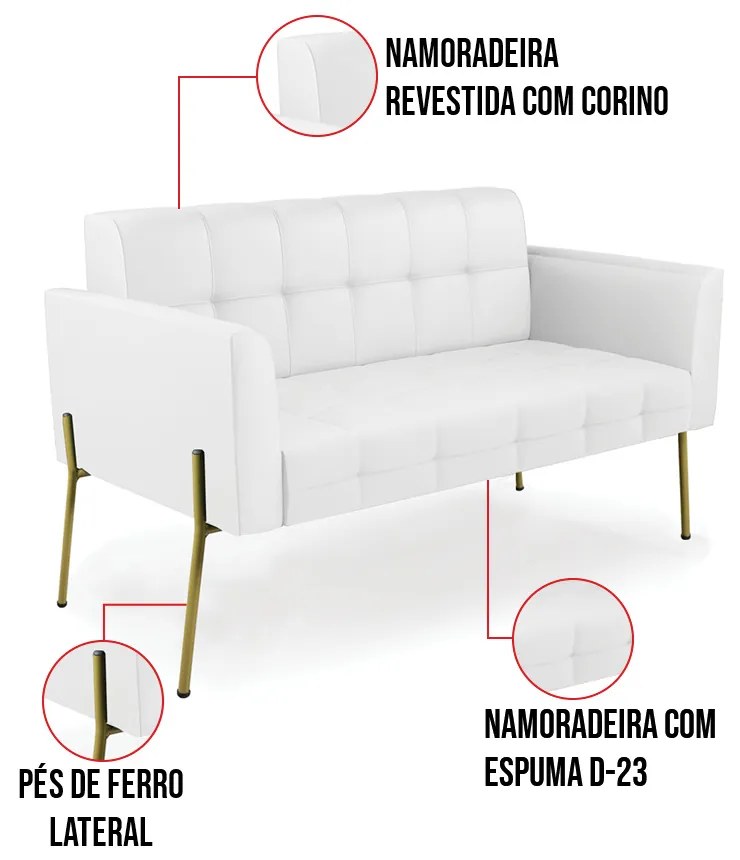 Sofá Namoradeira 2 Lugares Base Pé de Ferro Dourado Elisa Corino D03 - D'Rossi - Branco