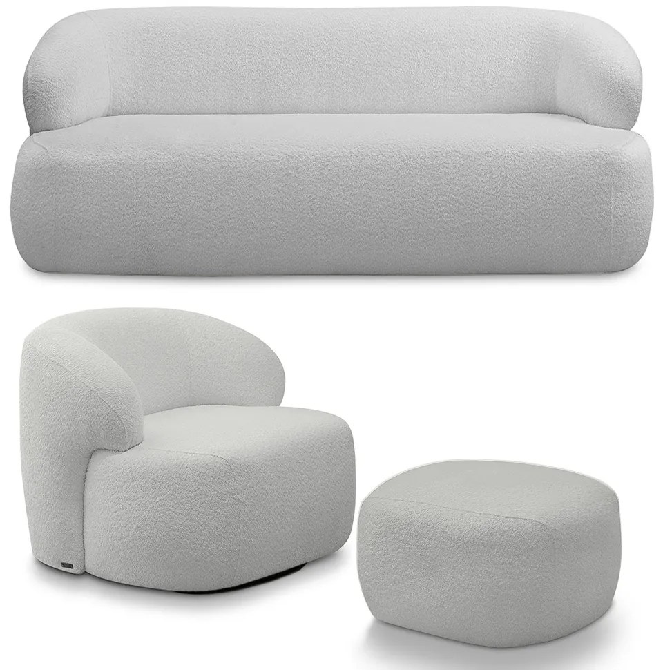 Conjunto Sala de Estar Decorativo Charlote 1 Poltrona Namoradeira 150cm 1 Poltrona Base Giratória em Aço com Puff Bouclê Cinza G88 - Gran Belo