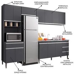 Cozinha Modulada 5 Peças Balcão com Pia 160cm Andréia Cinza - AJL Móve