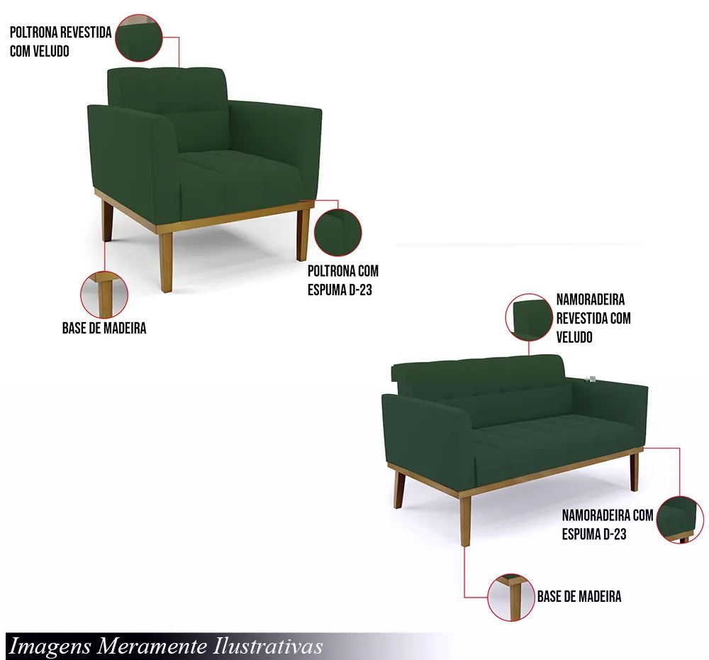 Conjunto 2 Poltronas e 1 Namoradeira Decorativa Karen Pés Fixo em Madeira Castanho Veludo Verde Esmeralda G19 - Gran Belo