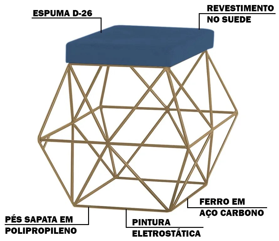 Puff Decorativo Sala de Estar Base Gold Trixie Suede Azul Marinho G41 - Gran Belo