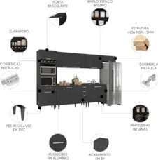 Armário de Cozinha Com Tampo CP06 330cm Pérola Preto Z34      - Mpozen