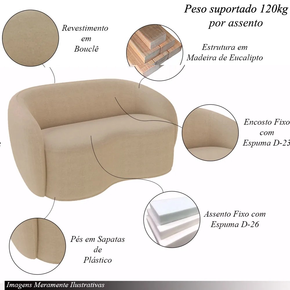 Conjunto 1 Sofá Living 180cm e 1 Poltrona Decorativa Sala de Estar Íbis Encosto Fixo Bouclê Bege G33 - Gran Belo