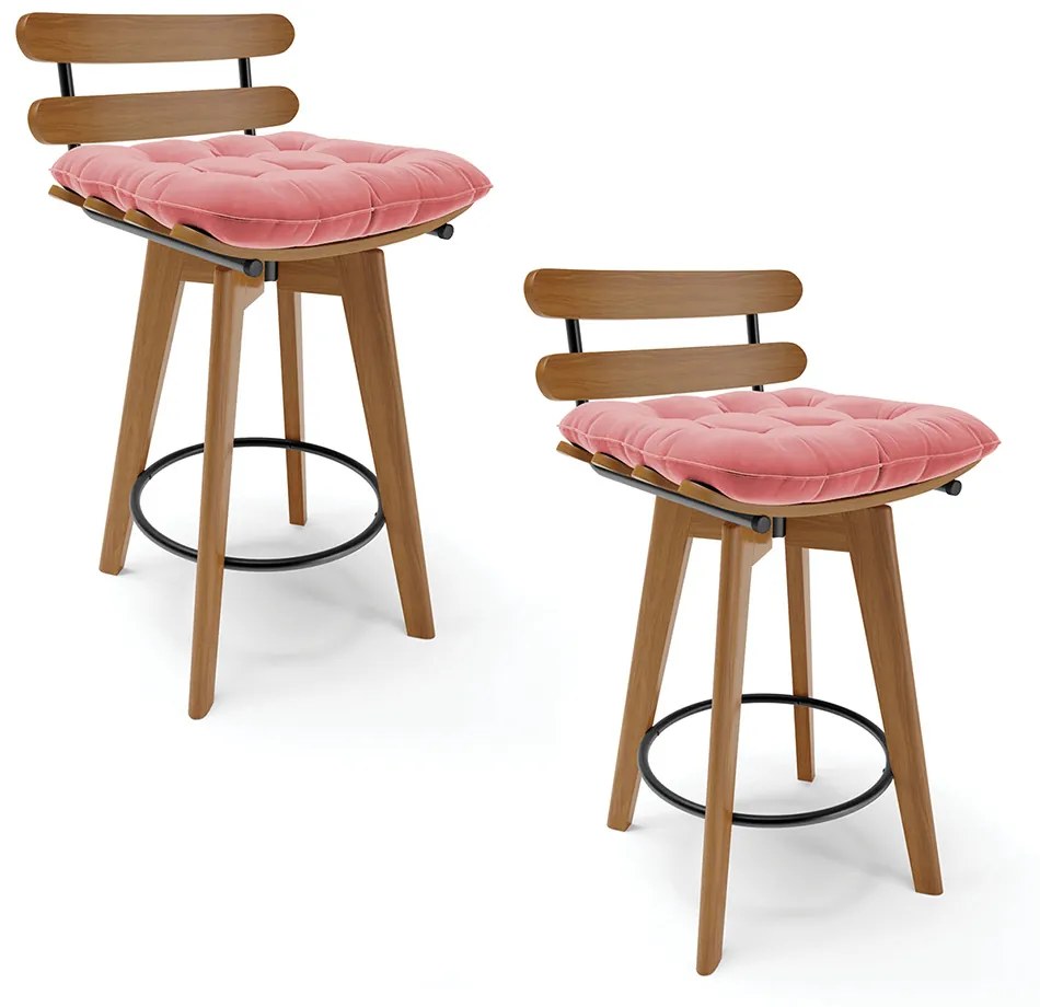 Kit 02 Banquetas Giratória Costela Suede Base Madeira MA70 - DRossi - Rose