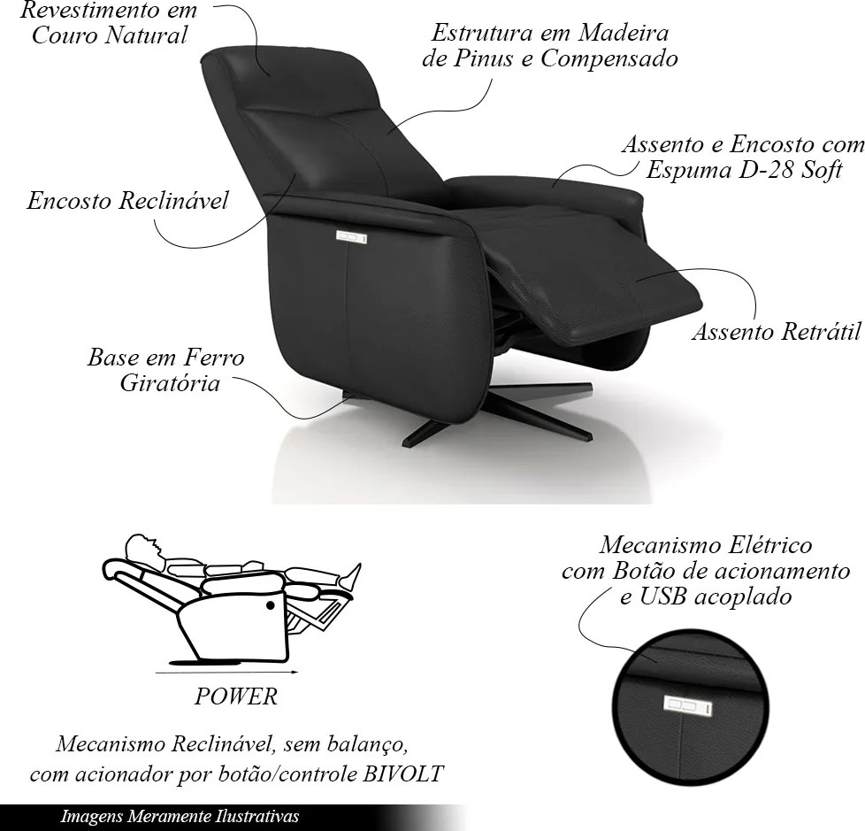 Poltrona do Papai Reclinável Power Elétrica Anakin Base Estrela Giratória USB Couro Preto G76 - Gran Belo