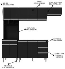 Cozinha Modulada 5 Peças Balcão com Pia 120cm Andréia Preto - AJL Móve