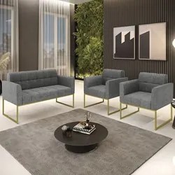 Sofá Namoradeira e 2 Poltronas Base Industrial Dourado Ana Linho Grafi