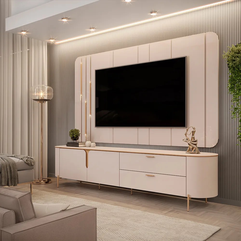 Painel com Bancada Celine Pés Metalicos em Dourado 241cm com LED Off White G18 - DJ Móveis