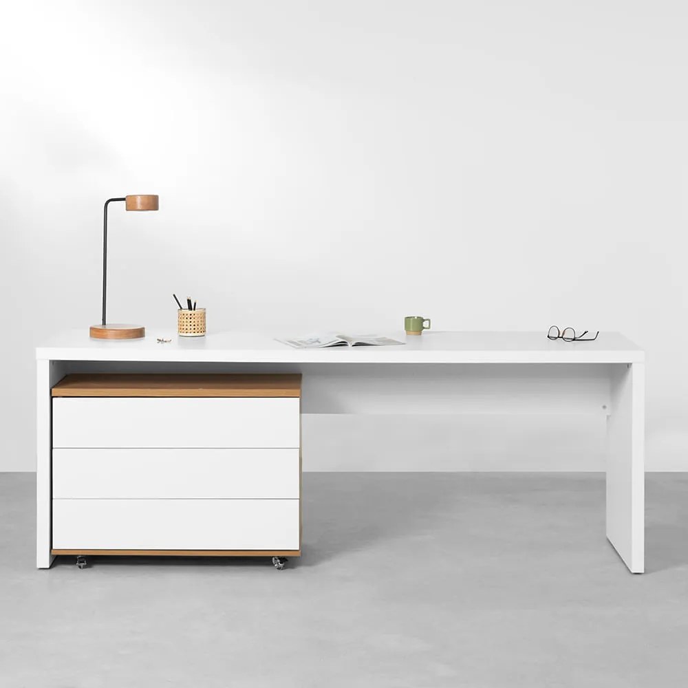 Conjunto Office - Bancada Contemporânea Branco 1,80m + Gaveteiro 3 Gavetas Louro Freijó e Branco 85cm - Conjunto Office - Bancada Contemporânea Branco 1,80m + Módulo 3 Gavetas Louro Freijó e Branco 85cm