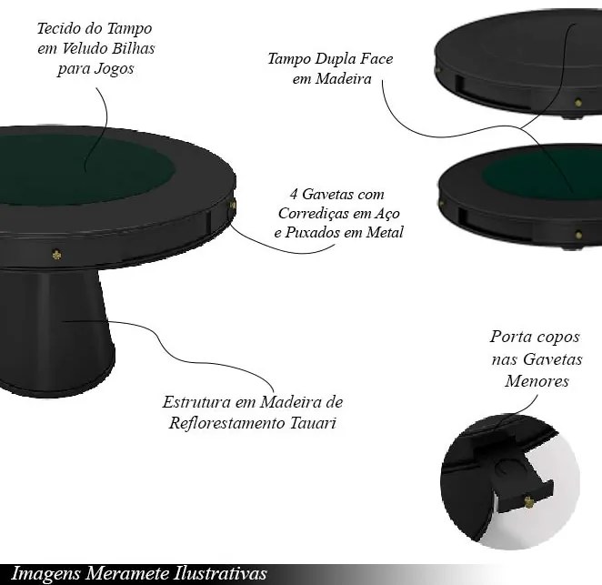 Conjunto Mesa de Jogos Carteado Bellagio Tampo Reversível e 4 Cadeiras Madeira Poker Base Cone PU OffWhite/Preto G42 - Gran Belo