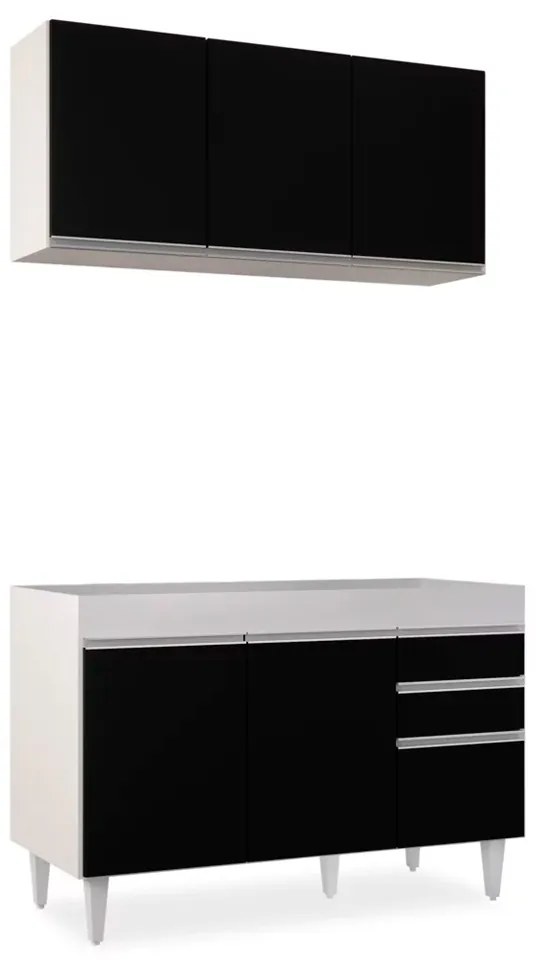 Kit Armário Aéreo e Balcão de Cozinha Lavanderia Dora sem Tampo 120cm L06 - D'Rossi  - Branco e Preto