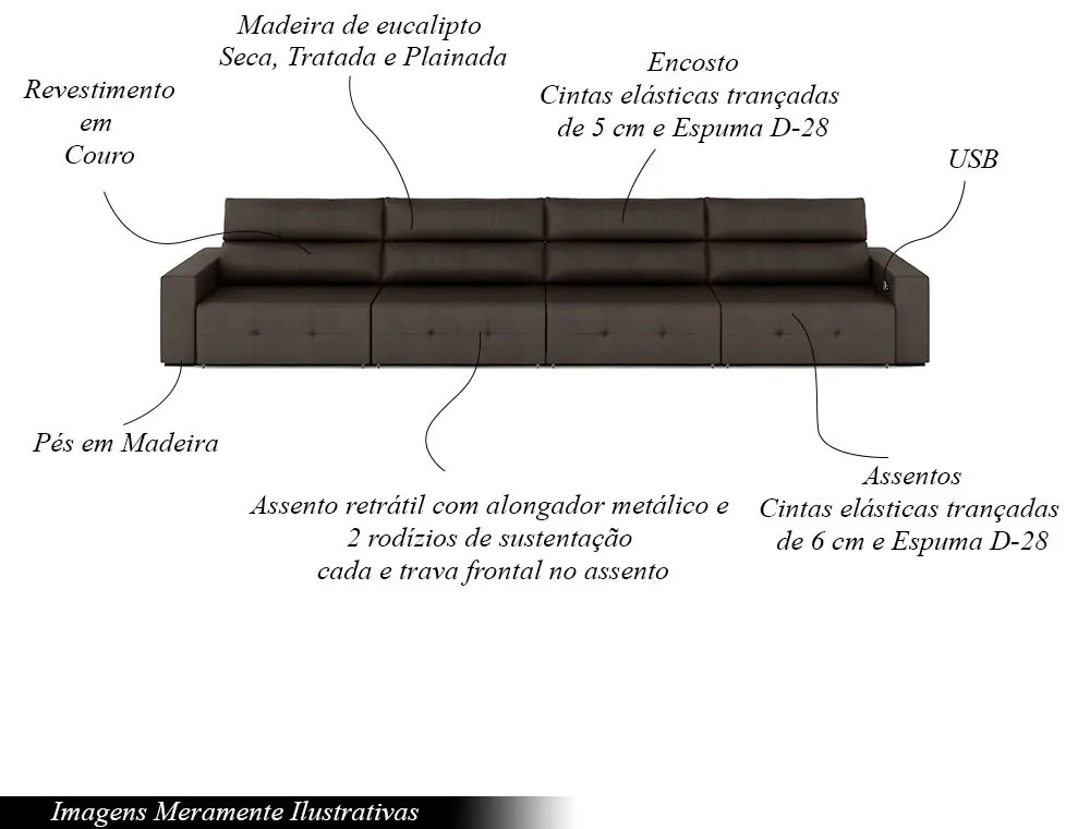 Sofá Retrátil 6 Lugares 364cm 4 Módulos Nero com USB Couro Marrom G52 - Gran Belo