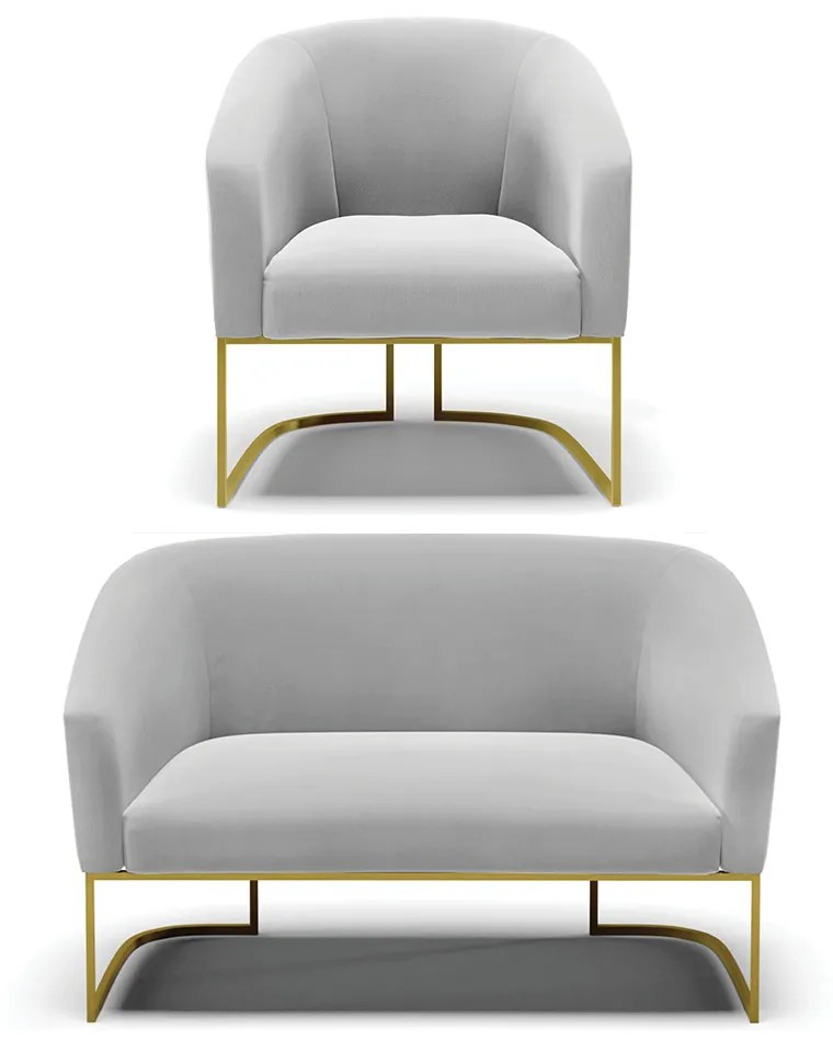Namoradeira e Poltrona Base Industrial Dourado Stella Suede D03 - D'Rossi - Cinza