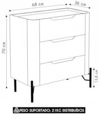 Mesa Cabeceira Quarto 68cm 3 Gavetas Blen Grigio/Dourado I06 - Mpozena